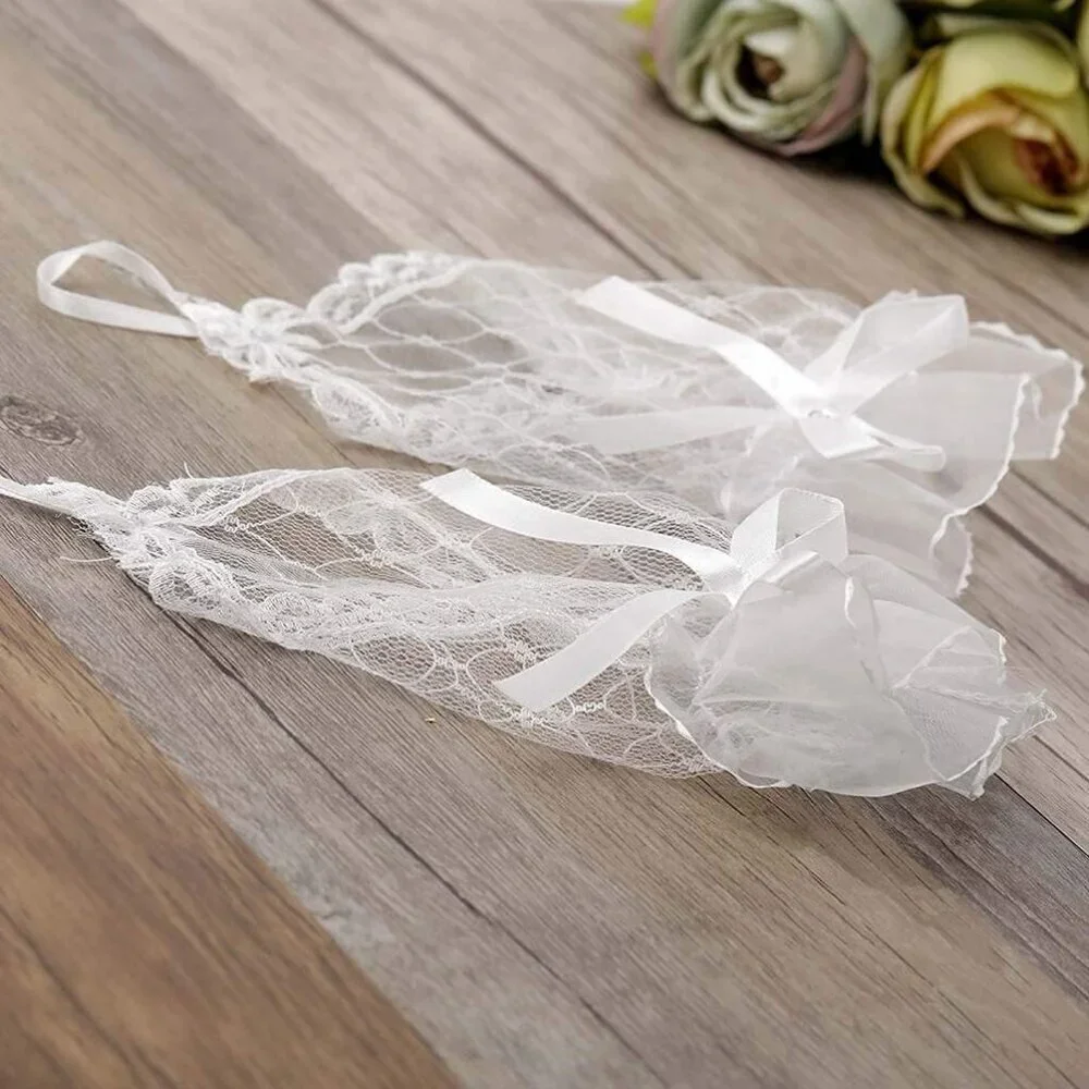 Women's Rhinestone White Bow Lace Gloves Fingerless Bridesmaids Accessories